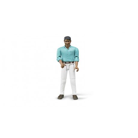 Bruder man met wiite broek en blauw shirt