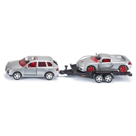 Siku Porsche Cayenne personenauto met transportaanhangwagen 1:55