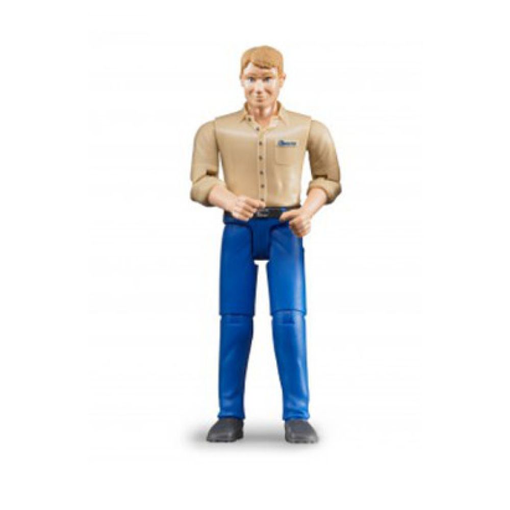 Bruder man met blauwe broek en beige shirt 