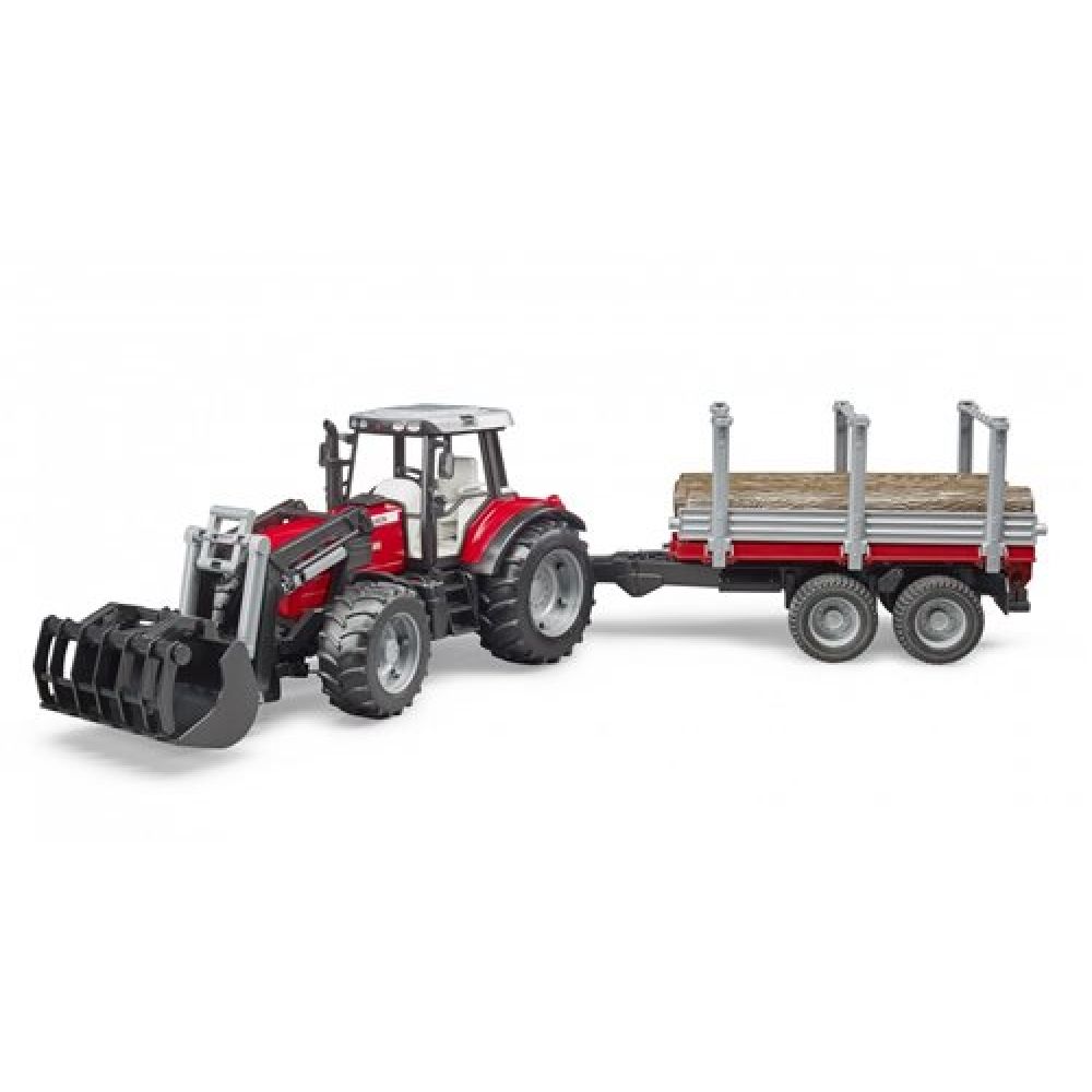 Bruder massey ferguson 7480 met voorlader en houttrailer 