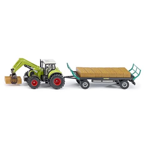 Siku Claas tractor met balengrijper en aanhanger 1:50
